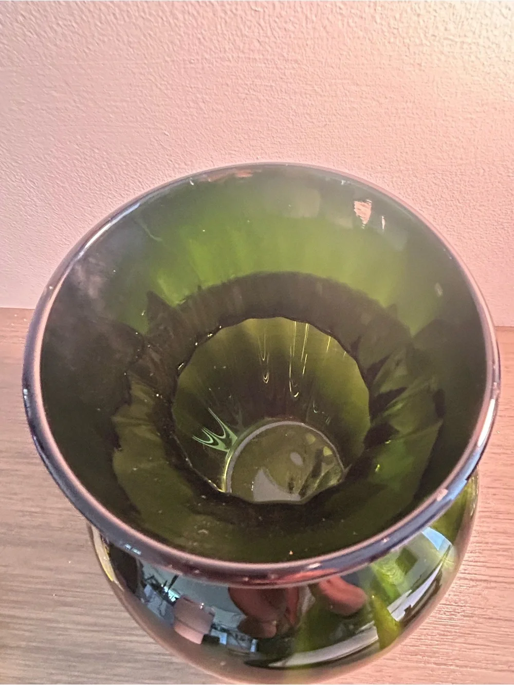 Dark Green Vase Ribbed on Inside Murano Style Optics